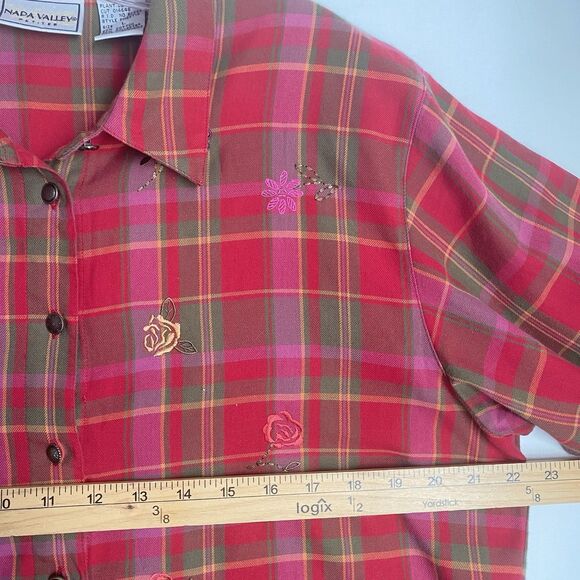 Vintage Nappa Valley Flannel Shirt Women L Red Plaid Embroidered Floral Boho - Picture 4 of 9